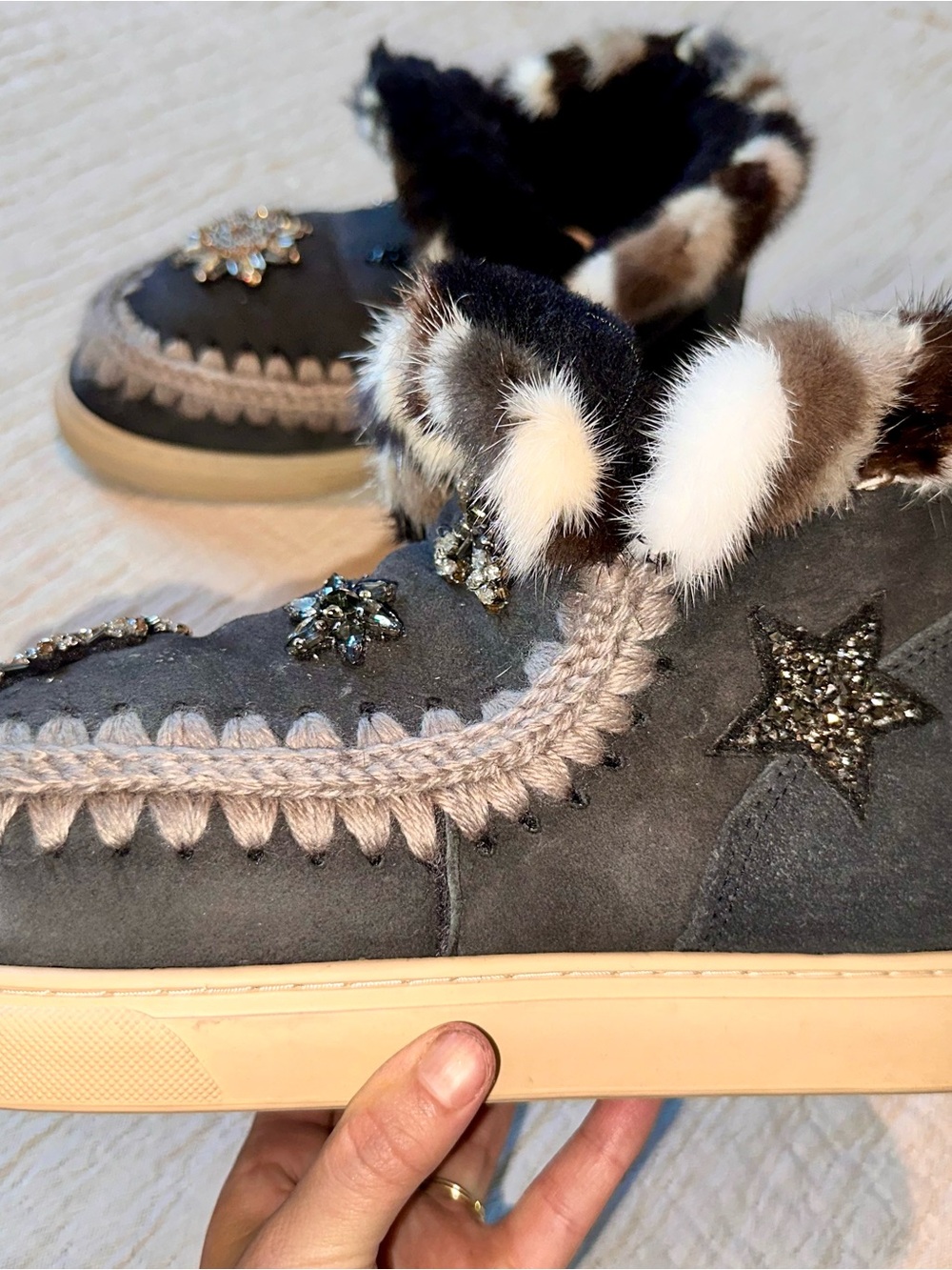 MOU unisex Eskimo Sneaker Boot Rhinestone Hand Made real Mink Fur Trim see size